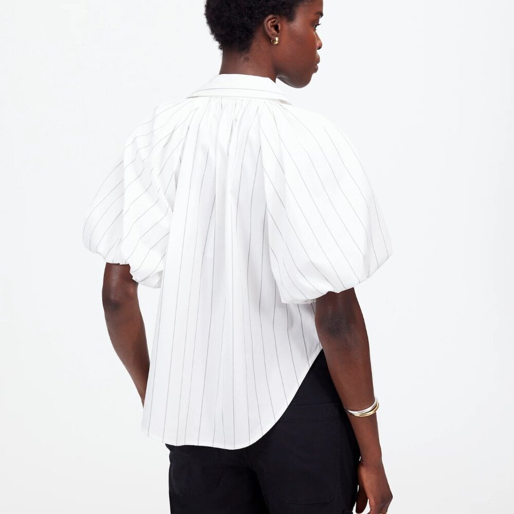Madewell Shirred Bubble-Sleeve Button-Up Shirt Stripes White Size M NWT - Picture 3 of 8